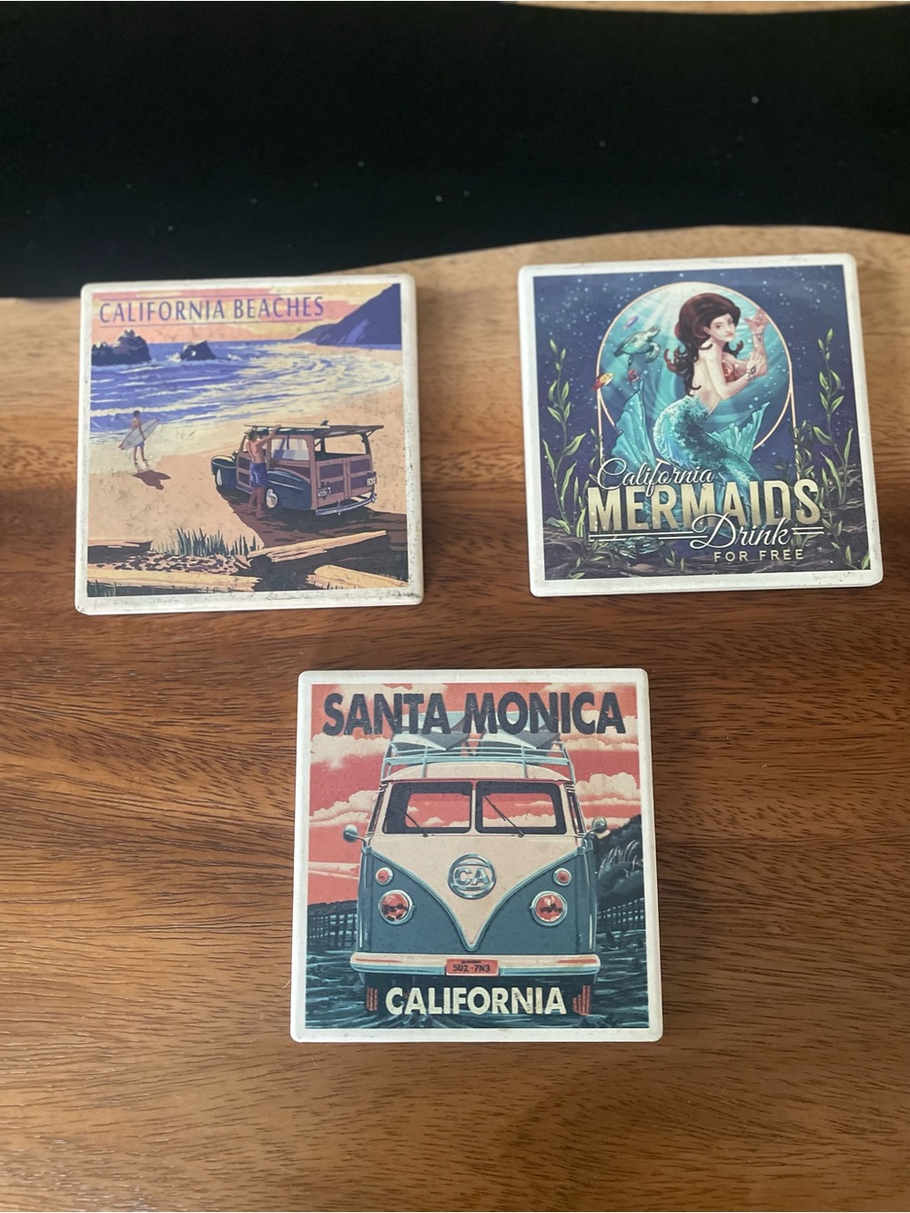 Set of 3 Ceramic Tile Coastal Themed Drink Coasters
